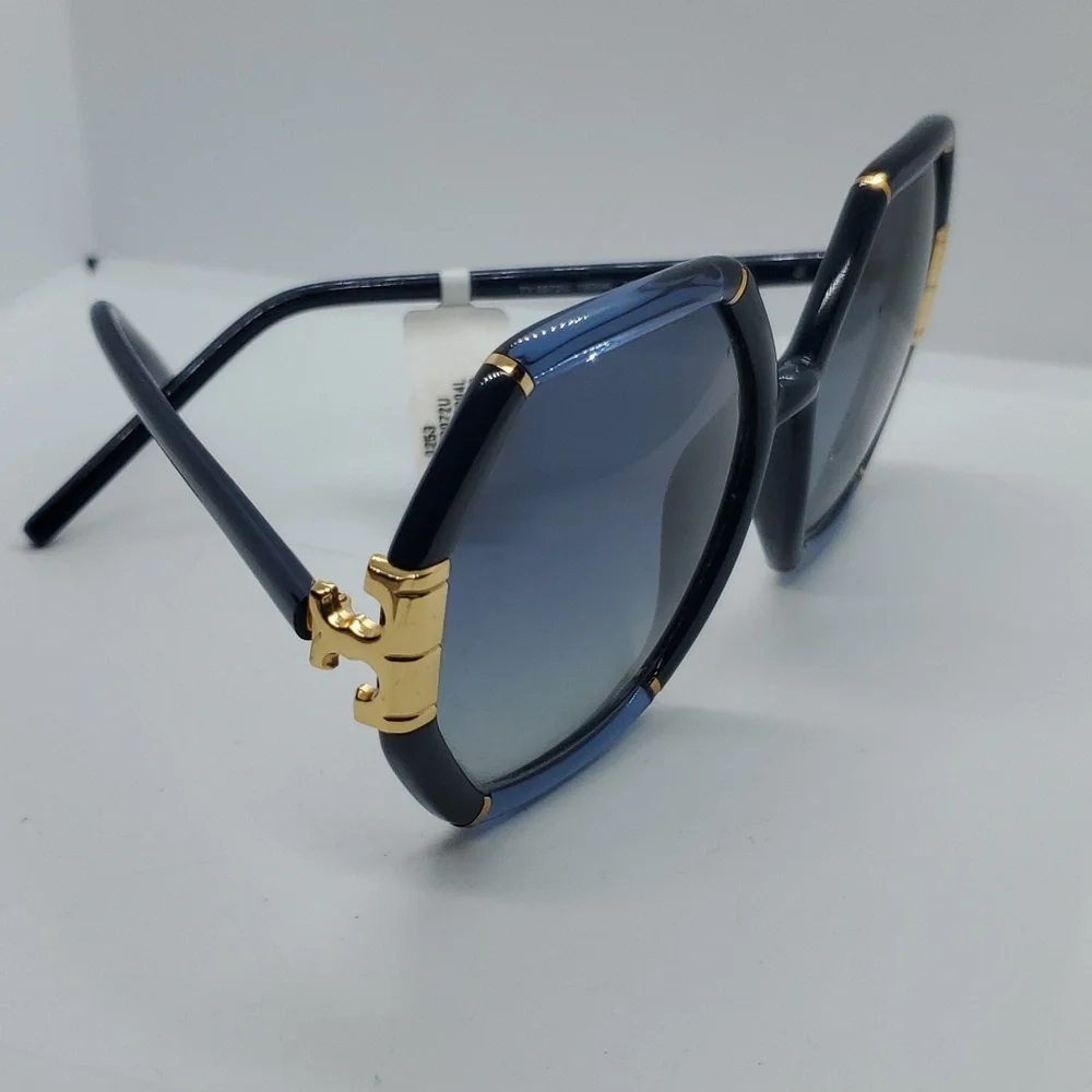 Tory Burch Blue Hexagonal Sunglasses with Gold Accents